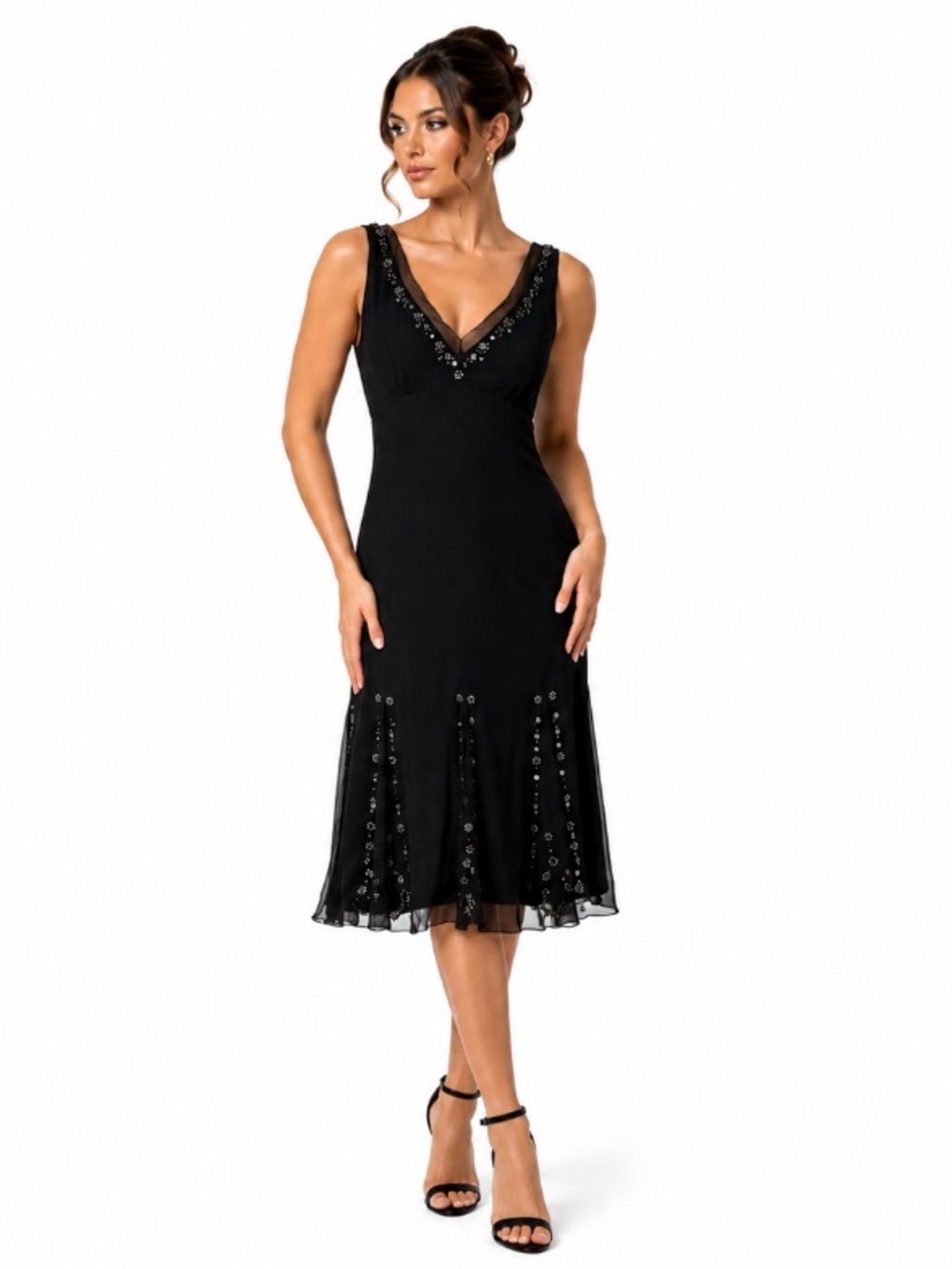 Elie Tahari Black V-Neck Silk Embellished Elegant Fairycore Midi Dress Size 6